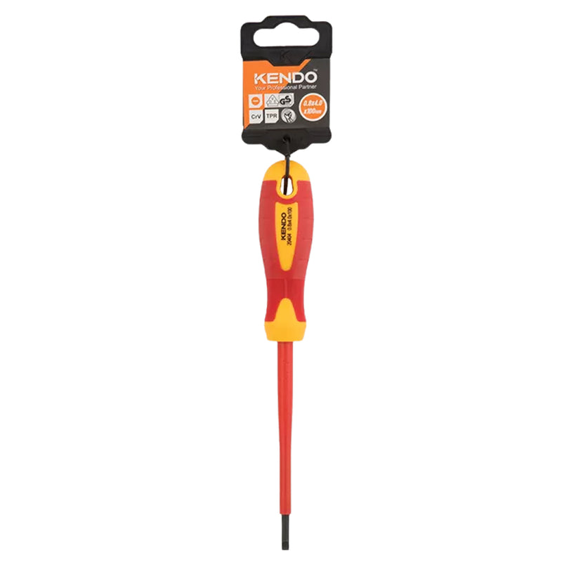Tua vít dẹp cách điện 1000V VDE Kendo kích thước từ 125mm - 150mm, vật liệu thép Cr-V