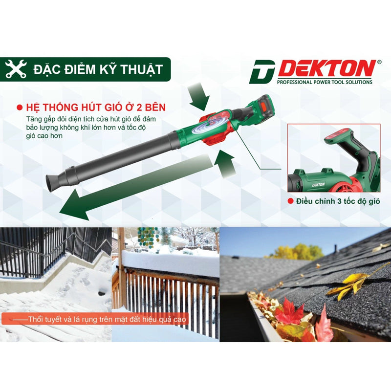 Máy thổi bụi và thổi lá Dekton M21-TB03 dùng pin 21V, tốc độ tối đa 17000 rpm