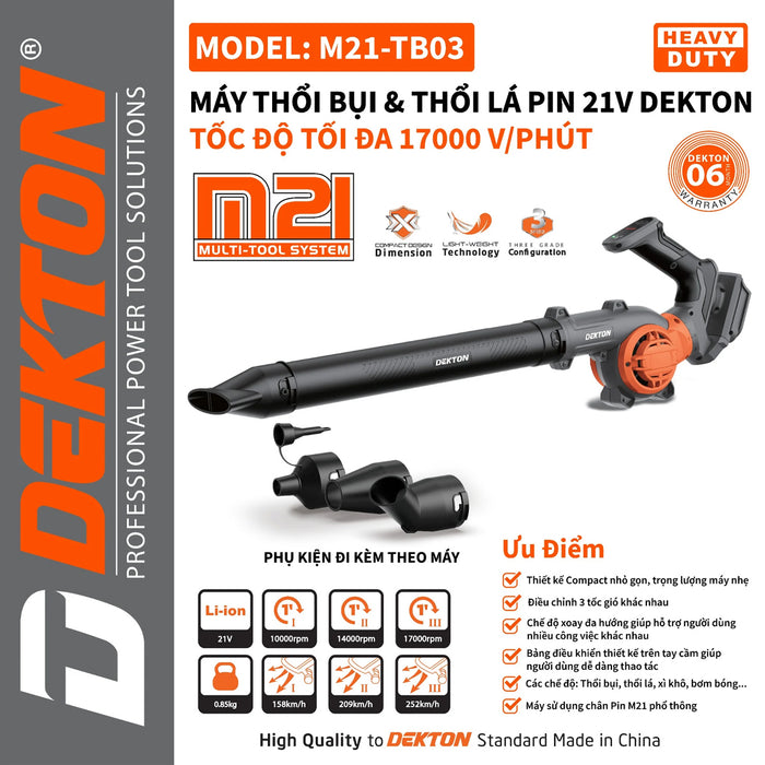 Máy thổi bụi và thổi lá Dekton M21-TB03 dùng pin 21V, tốc độ tối đa 17000 rpm