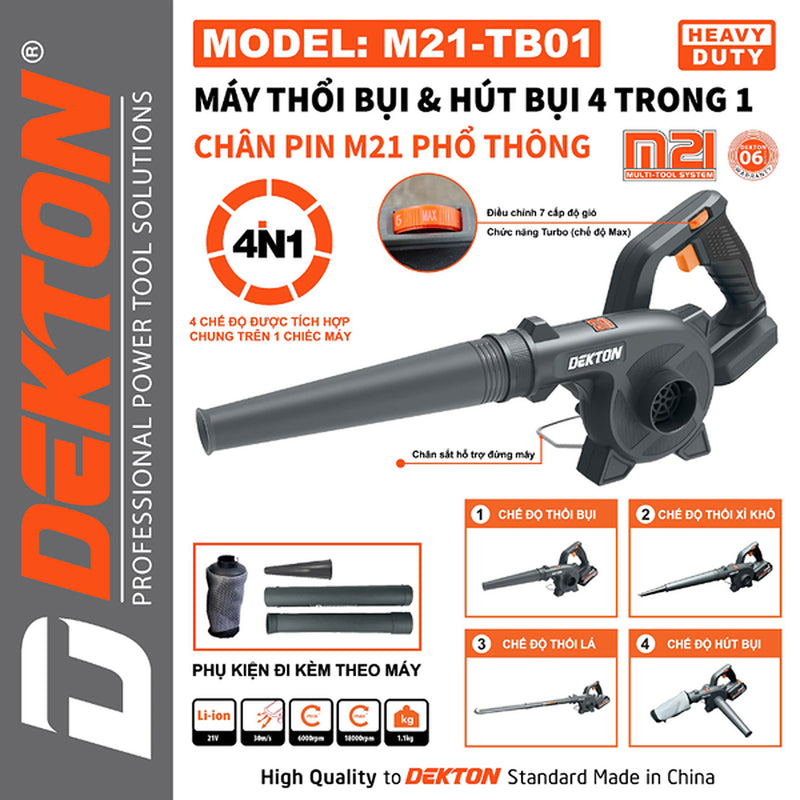 Máy thổi và hút bụi Dekton M21-TB01 dùng pin 21V, tốc độ tối đa 18000 rpm