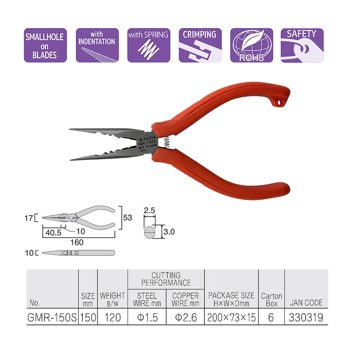Kìm nhọn đa năng 150mm (6 inch) Fujiya GMR-150S, có lò xo trợ lực. Tiêu chuẩn RoHS. Xuất xứ Nhật Bản