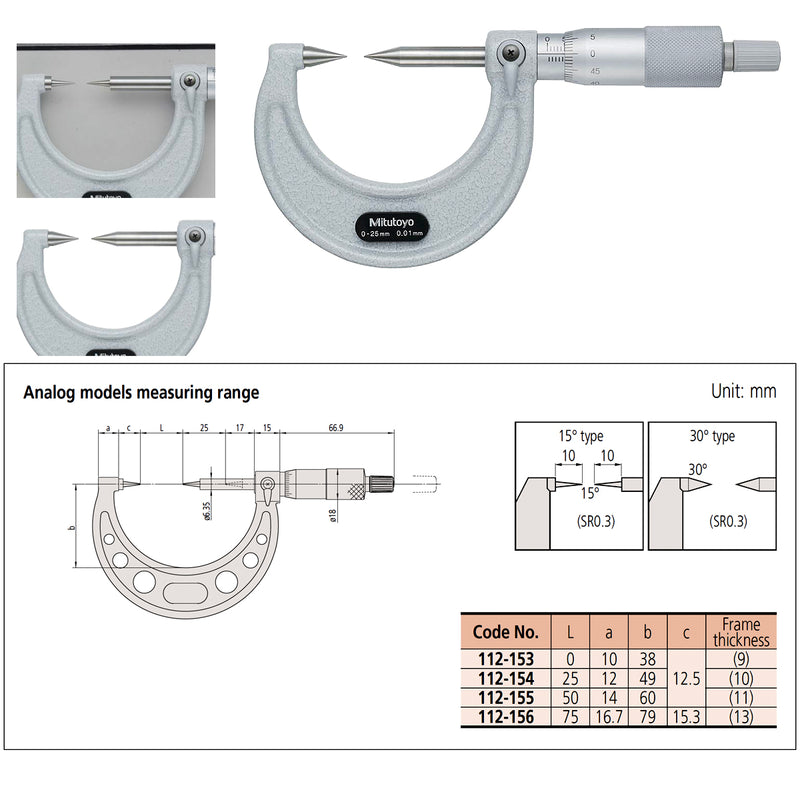 Panme Mitutoyo Series 112 - Point Micrometers, đầu đo nhọn