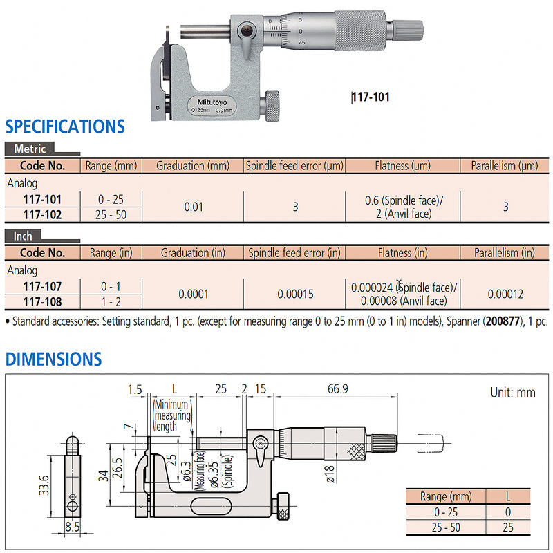 Panme Mitutoyo Series 117 - Uni-Mike Micrometers, Interchangeable anvil | Panme đa năng với đầu đo thay đổi được