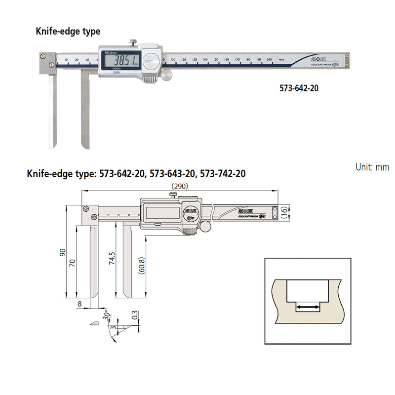 Thước kẹp điện tử Mitutoyo Series 573, ABSOLUTE Digimatic Inside Caliper - Knife-edge, Chuyên đo lòng trong, hàm kẹp lưỡi dao mảnh