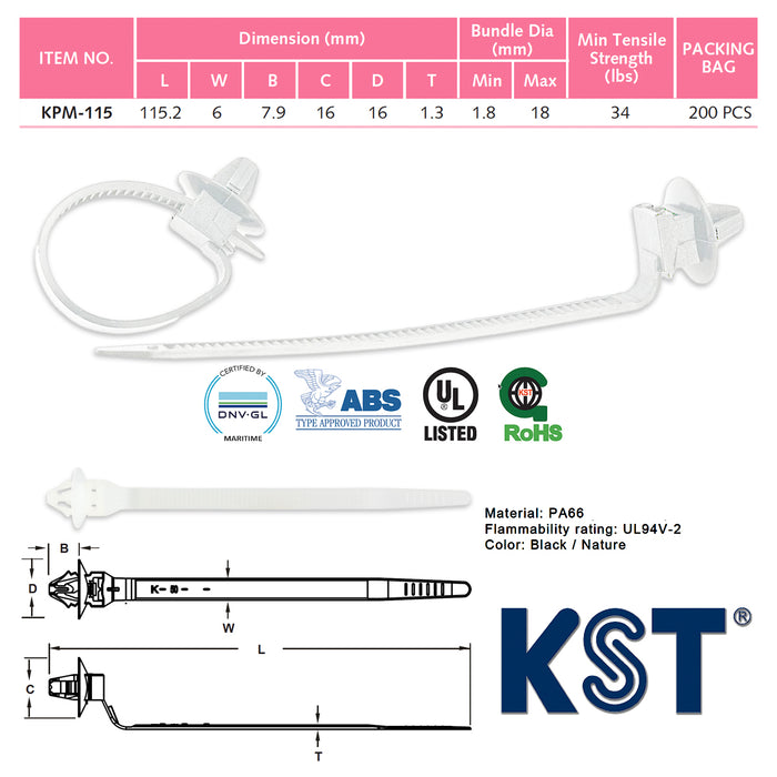Dây rút KST KPM-115, loại cố định nhét lỗ, dài 115mm bản rộng 6mm, đóng gói 100 sợi/bị