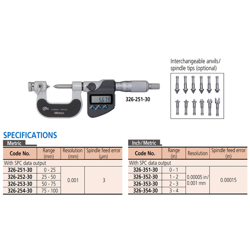 Panme điện tử Mitutoyo Series 326 - Spindle Tip Micrometers. Hàm kẹp mũi nhọn, có thể thay mũi. Có cổng SPC xuất dữ liệu