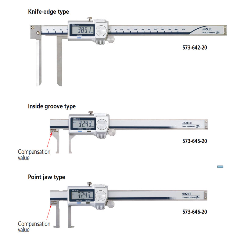 Thước kẹp điện tử Mitutoyo Series 573, ABSOLUTE Digimatic Inside Caliper - Knife-edge, Chuyên đo lòng trong, hàm kẹp lưỡi dao mảnh