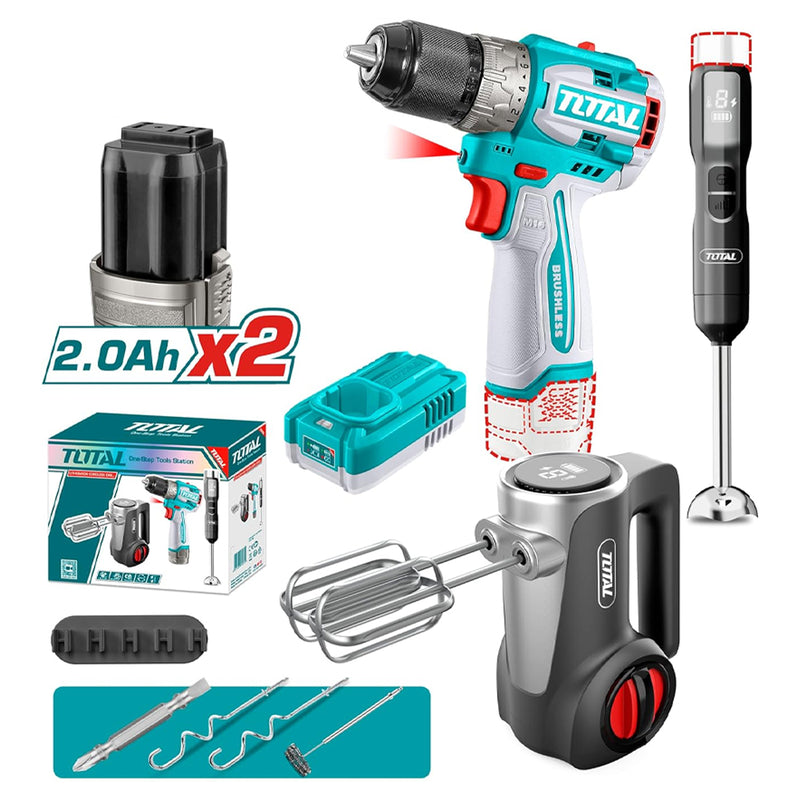 Bộ combo máy khoan gỗ thép, máy đánh trứng, máy xay Total TCKLI1638 dùng Pin 16V