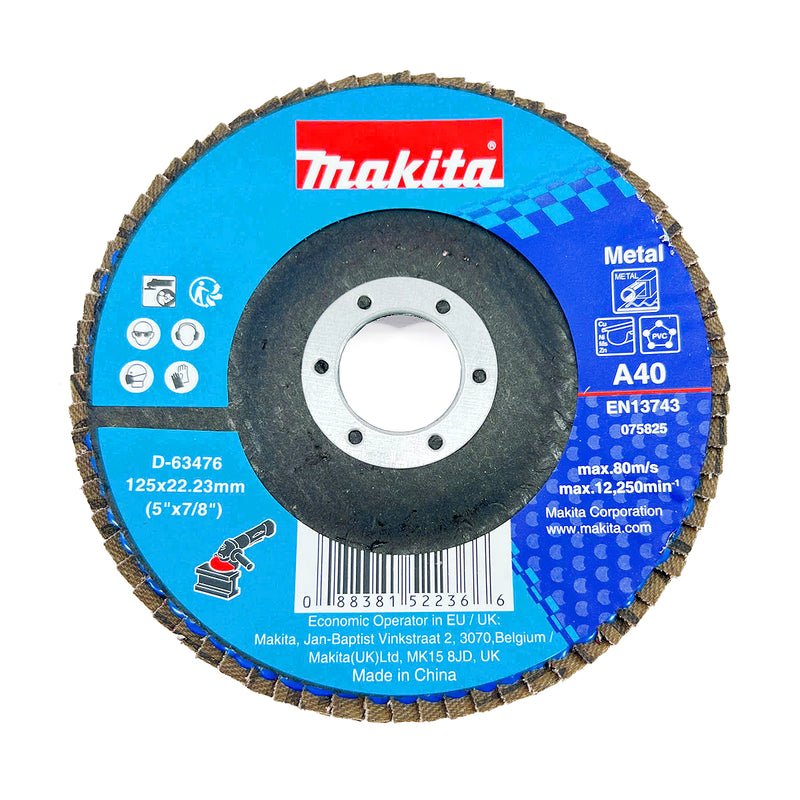 Đĩa nhám xếp đánh kim loại, nhựa PVC 125mm ( 5 inch ) Makita hạt nhôm Oxit, lỗ cốt 22.23mm, mặt vát góc ( Cấp 1 sao )