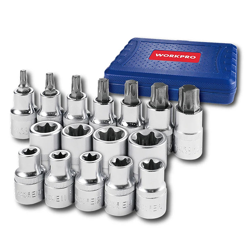 Bộ đầu tuýp và mũi vít sao gắn đầu siết bu lông cốt 1/2 inch, 16 chi tiết Workpro WP202596