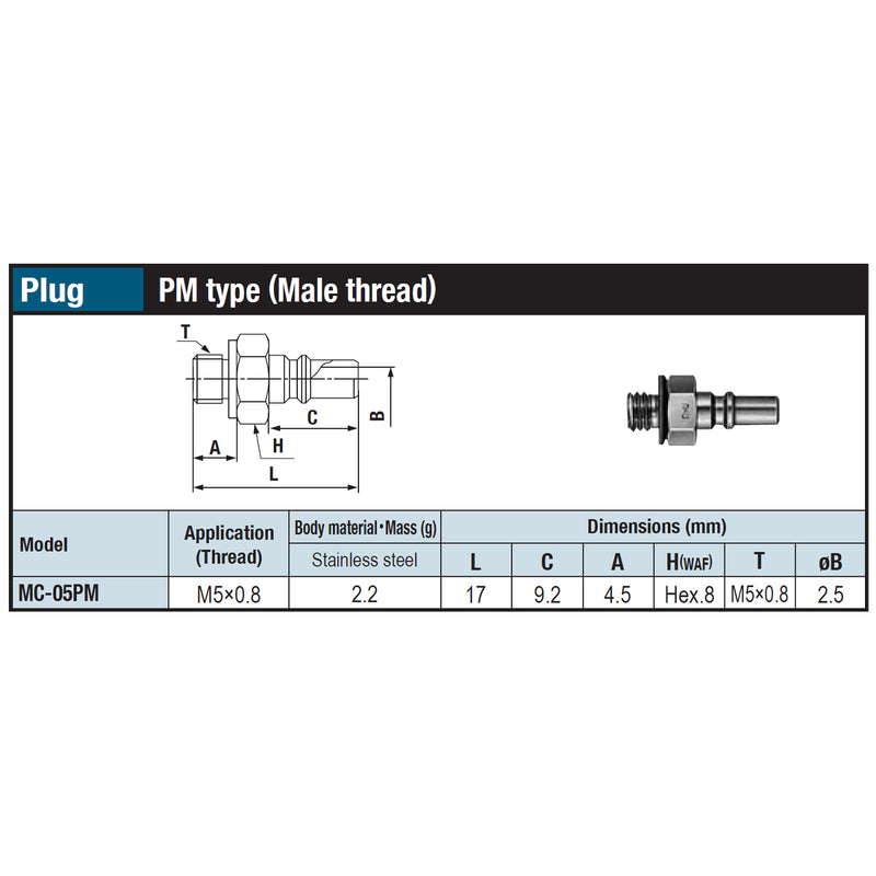 Đầu nối nhanh Micro Cupla PM-Type (Plug) MC-05PM SUS chất liệu Inox, kiểu kết nối ren ngoài M5x0.8