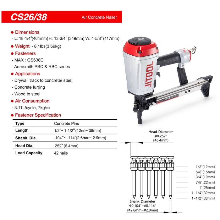 Máy bắn đinh vỉ bê tông dùng khí nén JITOOL CS26/38, kích thước đinh 12mm - 38mm