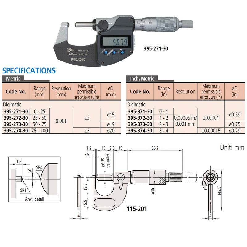 Panme điện tử Mitutoyo Series 395 - Tube Micrometers, Đo độ thành ống và bề mặt cong. Tiếp điểm đo cong-cong