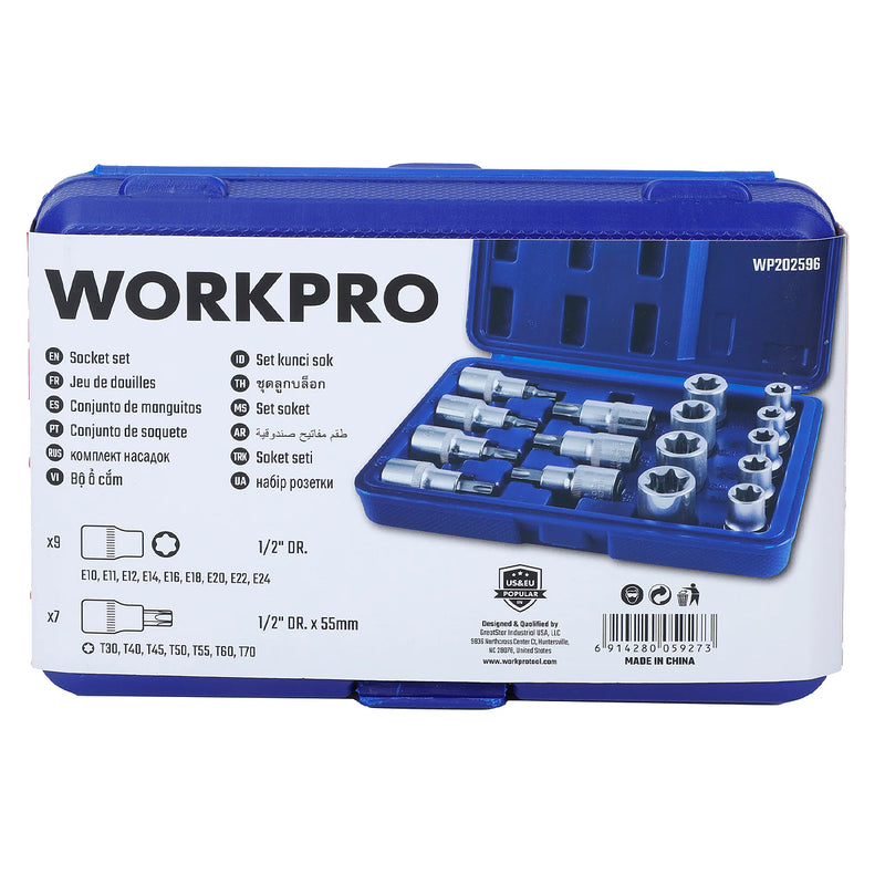 Bộ đầu tuýp và mũi vít sao gắn đầu siết bu lông cốt 1/2 inch, 16 chi tiết Workpro WP202596