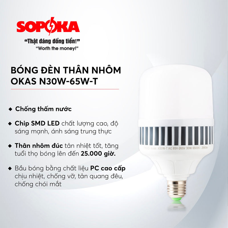 Bóng LED SOPOKA Mã N công suất cao (30W-65W), thân nhôm đúc, chống thấm nước, đuôi E27, ánh sáng trắng 6500K