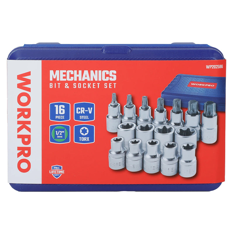 Bộ đầu tuýp và mũi vít sao gắn đầu siết bu lông cốt 1/2 inch, 16 chi tiết Workpro WP202596
