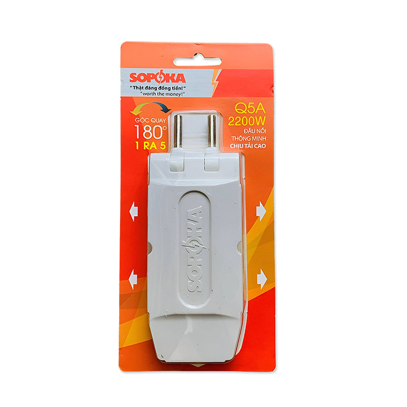 Bộ chia ổ cắm SOPOKA Q5A gập 180 độ thông minh, chia 1 ra 5, chịu tải 2200W, đóng vỉ
