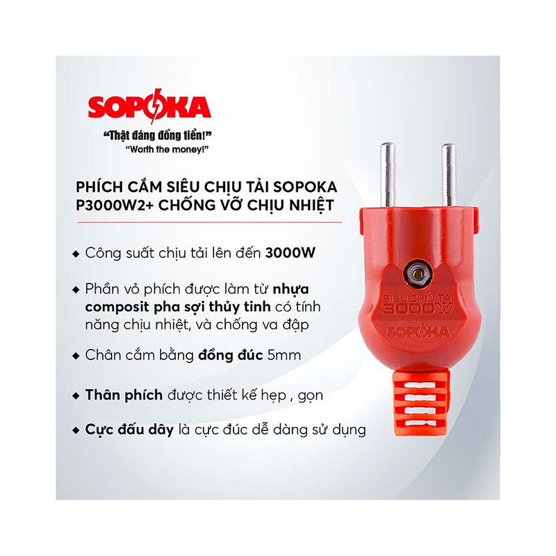 Phích cắm siêu chịu tải SOPOKA P3000W2+ màu đỏ, chân đồng đúc 5mm, chịu nhiệt, chống vỡ, cho thiết bị công suất 3000W