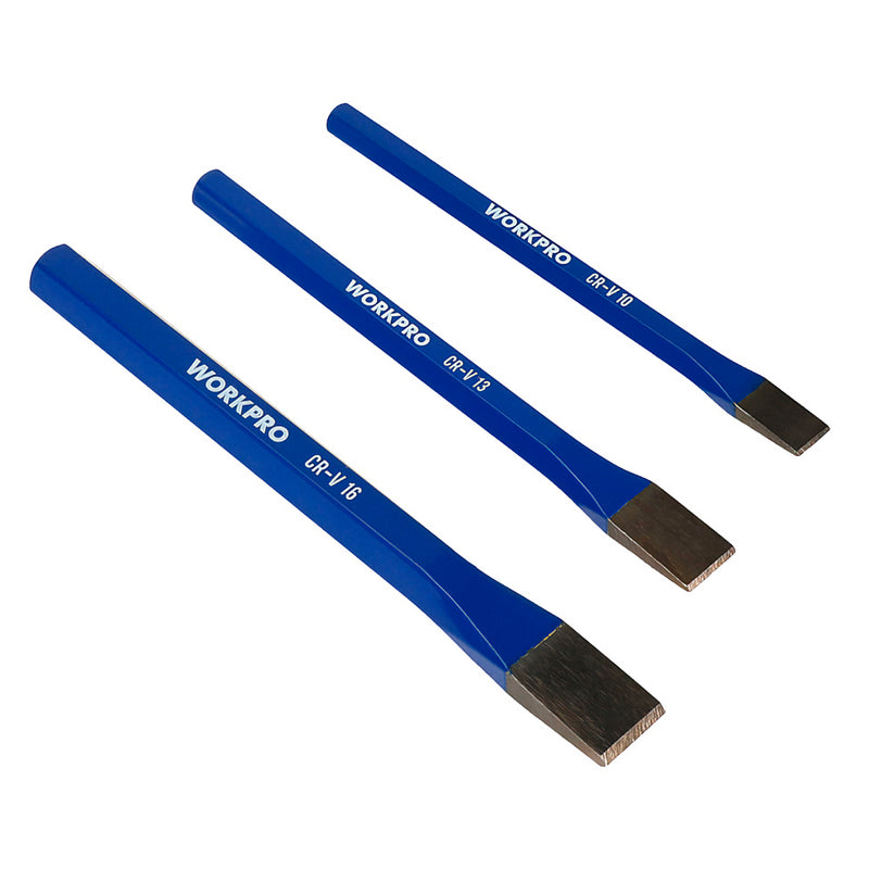 Bộ 3 cây đục sắt dẹp bằng thép carbon gia nhiệt, thân lục giác Workpro WP201302