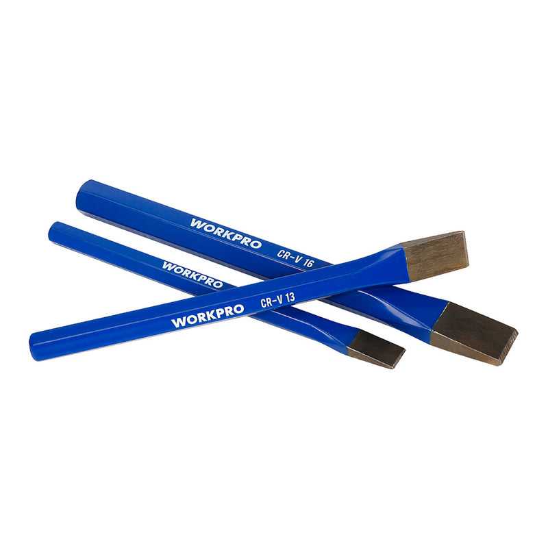 Bộ 3 cây đục sắt dẹp bằng thép carbon gia nhiệt, thân lục giác Workpro WP201302