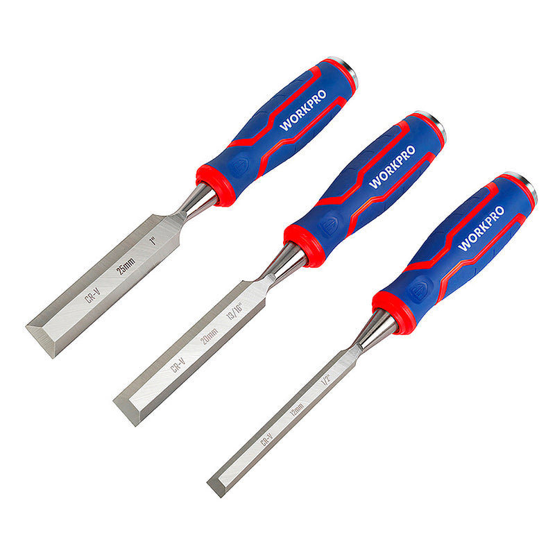 Bộ 3 cây đục gỗ 12mm, 20mm, 25mm, lưỡi đục bằng thép CR-V, cán bọc nhựa chống trượt Workpro WP201301