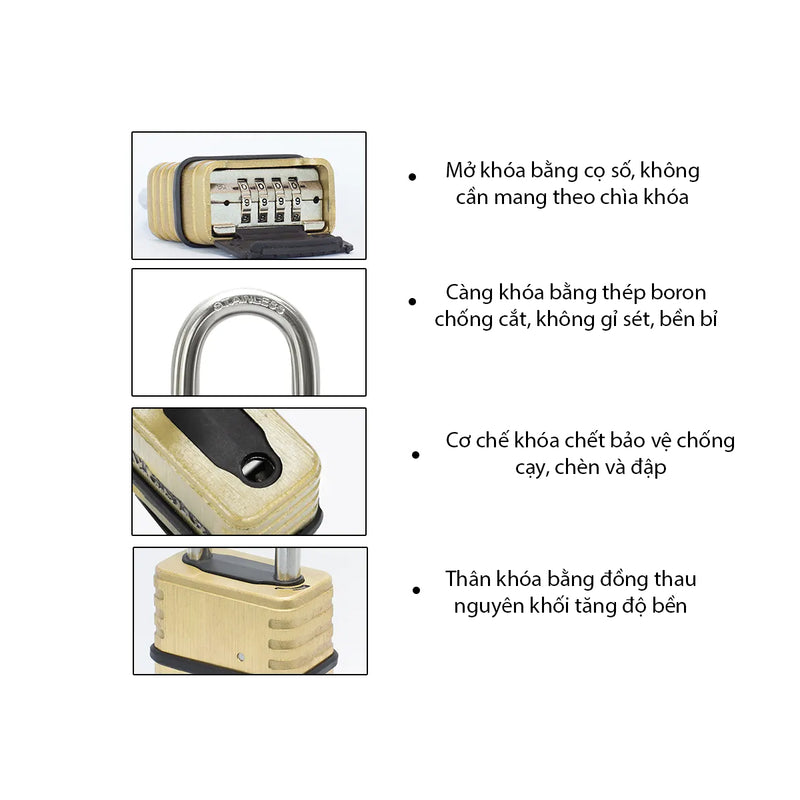 Ổ khóa số càng dài Master Lock 1175DLH cao cấp, thân khóa bằng đồng thau nguyên khối, 4 cọc số