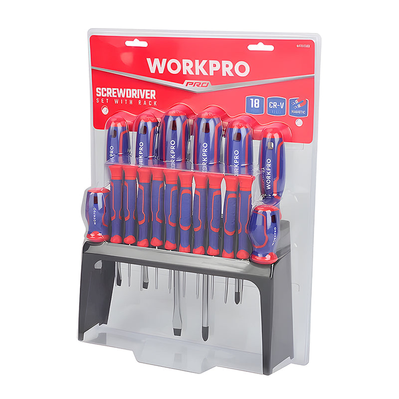 Bộ 18 cây tua vít (đầu bake, đầu dẹp, đầu sao) thép hợp kim CR-V mạ chrome chống gỉ, có nam châm, tay cầm bằng nhựa chống trượt Workpro WP200506