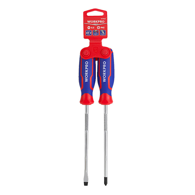 Bộ 2 cây tua vít (1 cây đầu bake, 1 cây đầu dẹp) thép CR-V mạ chrome chống gỉ, có nam châm, tay cầm bọc nhựa chống trượt Workpro WP200503