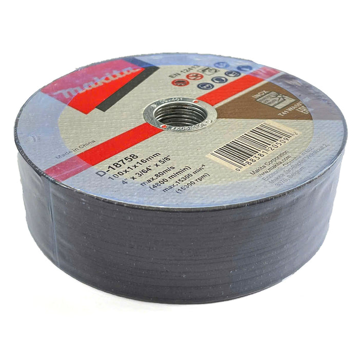 Hộp 100 lưỡi đá cắt Inox 100mm ( 4 inch ) Makita D-18758-100 dày 1mm, lỗ cốt 16mm ( 5/8 inch ) đĩa phẳng ( Cấp 2 sao )