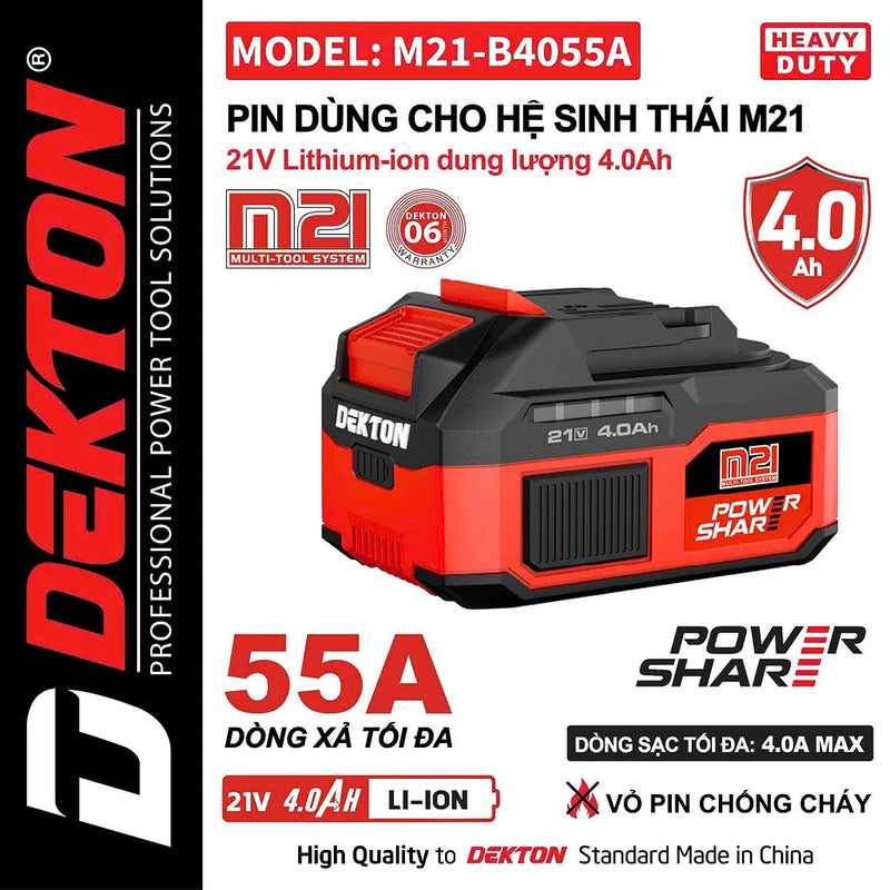 Pin sạc 21V 4.0Ah Dekton M21-B4055A dòng xả 55A, chất liệu vỏ chống cháy