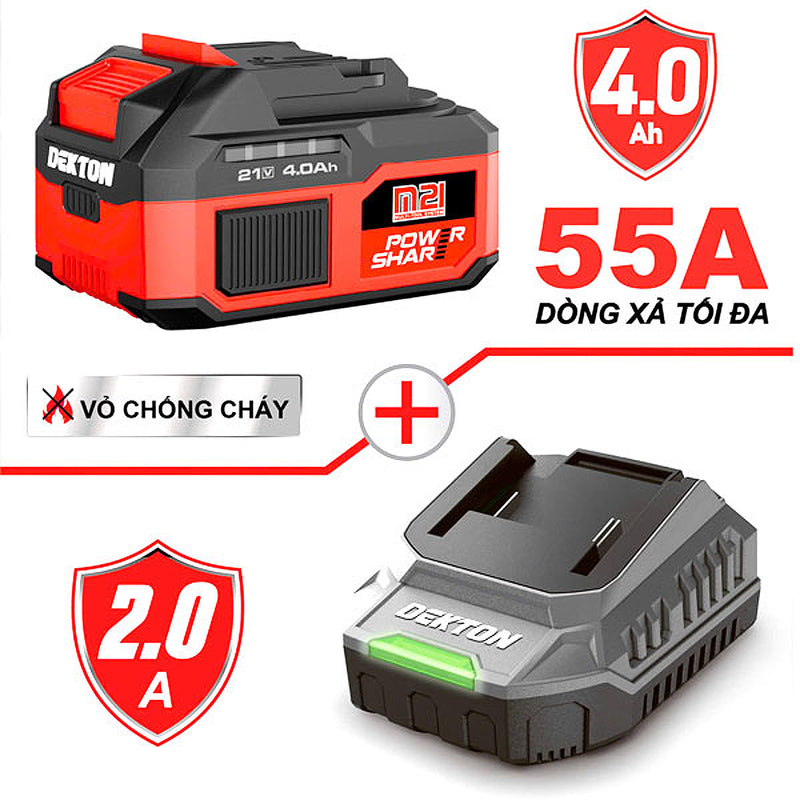 Bộ pin và sạc 21V 1 pin 4.0Ah và 1 sạc 2A Dekton M21-B4055A + M21-S20PRO