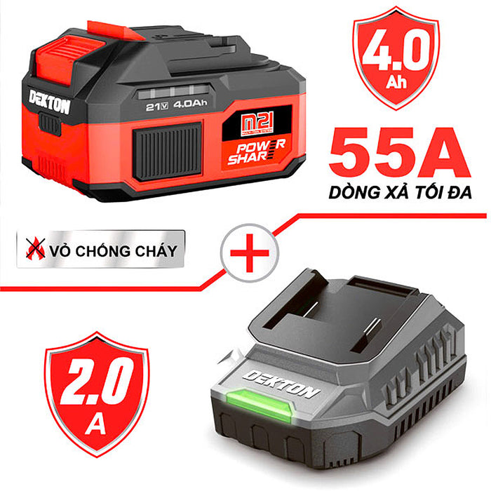 Bộ pin và sạc 21V 1 pin 4.0Ah và 1 sạc 2A Dekton M21-B4055A + M21-S20PRO