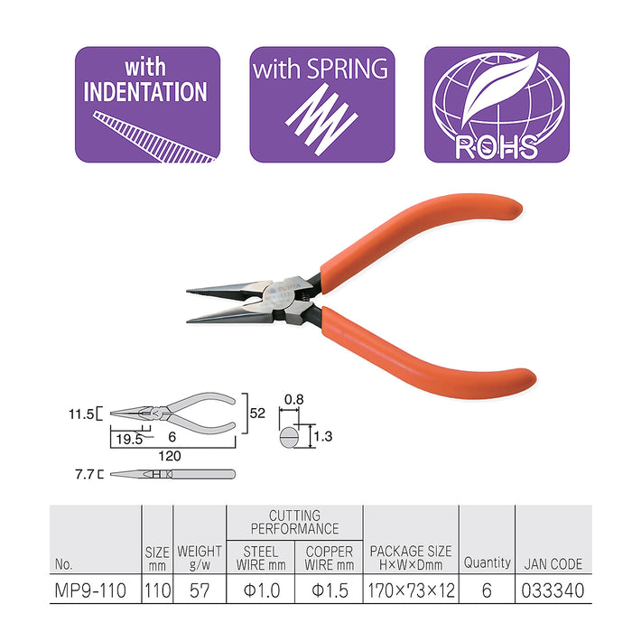 Kìm nhọn mini mũi ngắn 110mm (4.5 inch) Fujiya MP9-110, có lò xo trợ lực. Tiêu chuẩn RoHS. Xuất xứ Nhật Bản