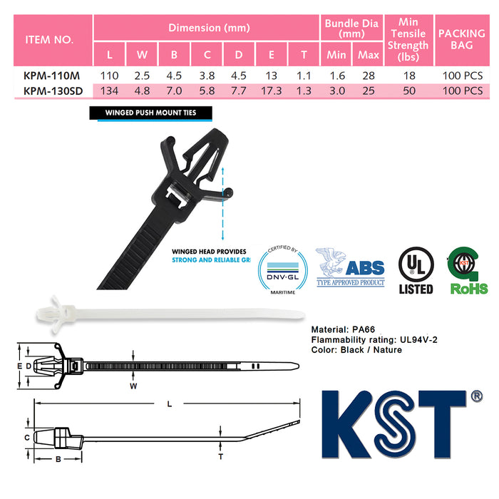Dây rút KST cố định nhét lẫy cạn, dài 110mm - 134mm (Push mounting cable ties)