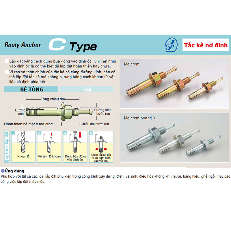 Tắc kê nở đinh C-Type hệ mét và inch Unika, mạ Chrome vàng, chuyên dùng cho bê tông, đá. Chứng nhận JCAA