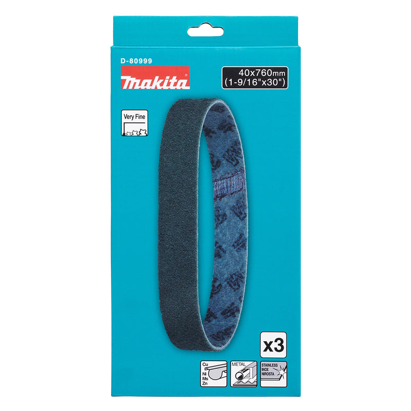 Hộp 3 giấy nhám băng sợi không dệt, loại mịn, cho kim loại Makita D-80999 kích thước 40mm x 760mm