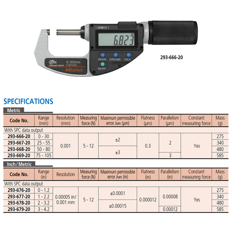 Panme điện tử Mitutoyo Quickmike Series 293 - IP65 ABSOLUTE Digimatic Micrometers. Có cổng SPC xuất dữ liệu