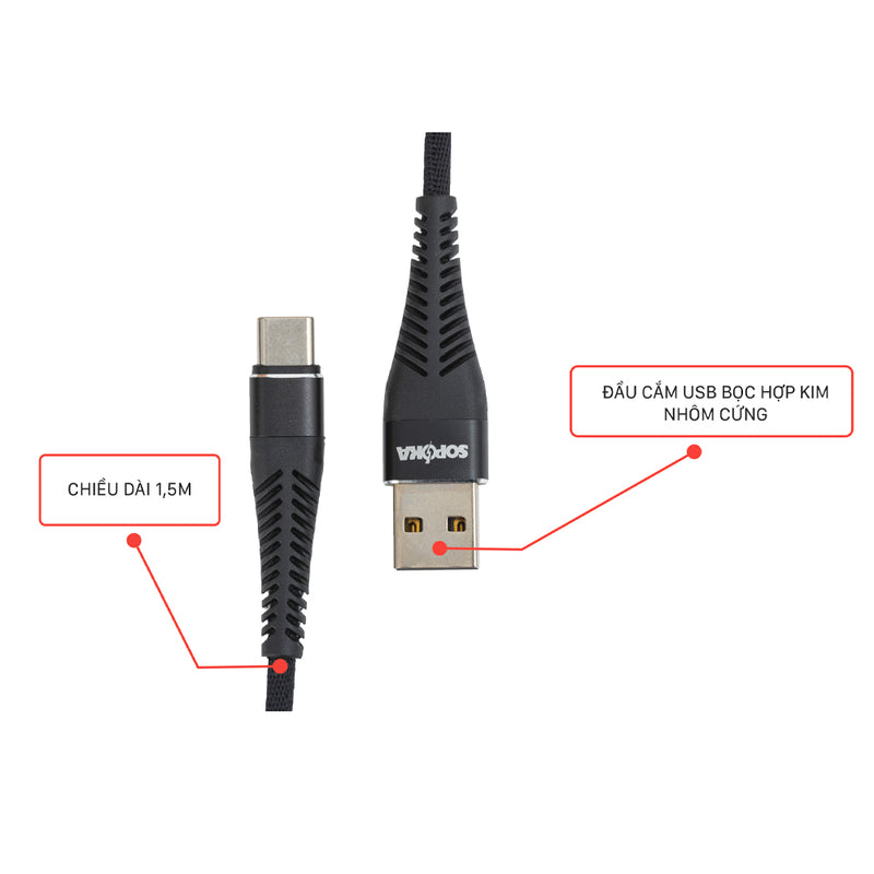 Đầu cắm USB bọc hợp kim nhôm cao cấp của dây sạc nhanh SOPOKA 450 Mbps