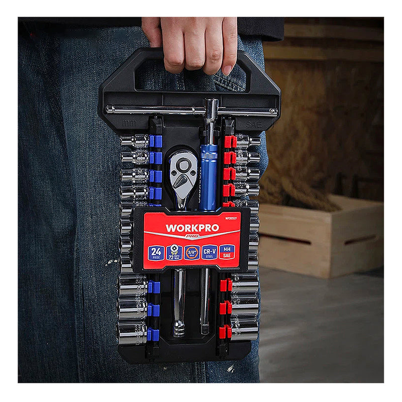 Bộ đầu tuýp và cần siết tự động có cần xoay dài 24 món, đầu cốt 3/8 inch, thép CR-V Workpro WP202553