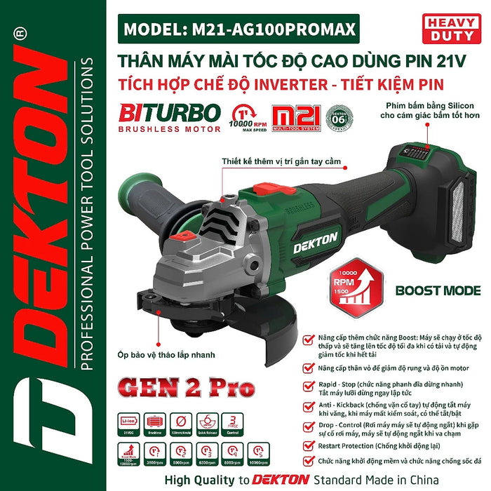 Máy mài góc Dekton M21-AG100PROMAX dùng pin 21V, đường kính lưỡi 100mm