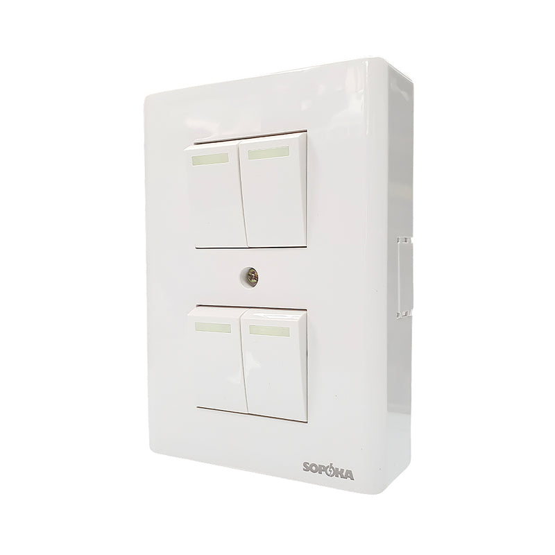 Bảng điện nổi 4 công tắc SOPOKA E4S trắng, điều khiển tập trung, sang trọng, tiện lợi cho phòng khách, cửa hàng, văn phòng.