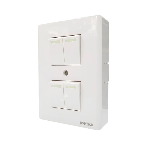 Bảng điện nổi 4 công tắc SOPOKA E4S trắng, điều khiển tập trung, sang trọng, tiện lợi cho phòng khách, cửa hàng, văn phòng.