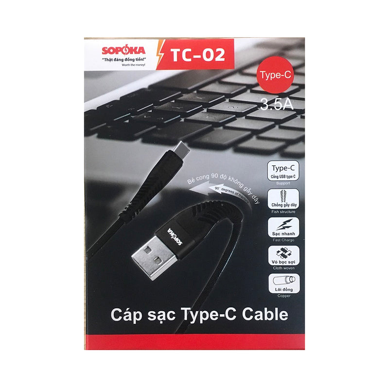Cáp sạc Type-C SOPOKA TC-02 đen, bọc vải bền, thiết kế xương cá chống gãy, sạc nhanh 3.5A.