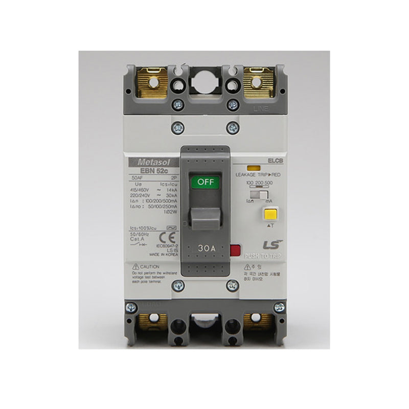 Cầu dao chống giật ELCB 2P LS bảo vệ quá tải, ngắn mạch và chống rò, tải định danh từ 15A ~ 100A, dòng cắt 5kA ~35kA, dòng rò 30mA