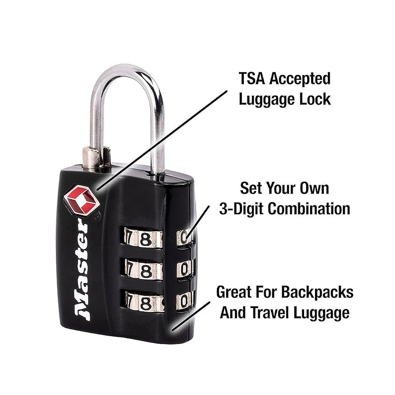 Ổ khóa số mini Master Lock 4680DBLK cao cấp đạt chuẩn TSA, thân khóa bằng kim loại phủ sơn đen 30mm, 3 cọc số