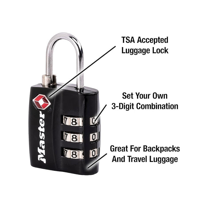 Ổ khóa số mini Master Lock 4680DBLK cao cấp đạt chuẩn TSA, thân khóa bằng kim loại phủ sơn đen 30mm, 3 cọc số