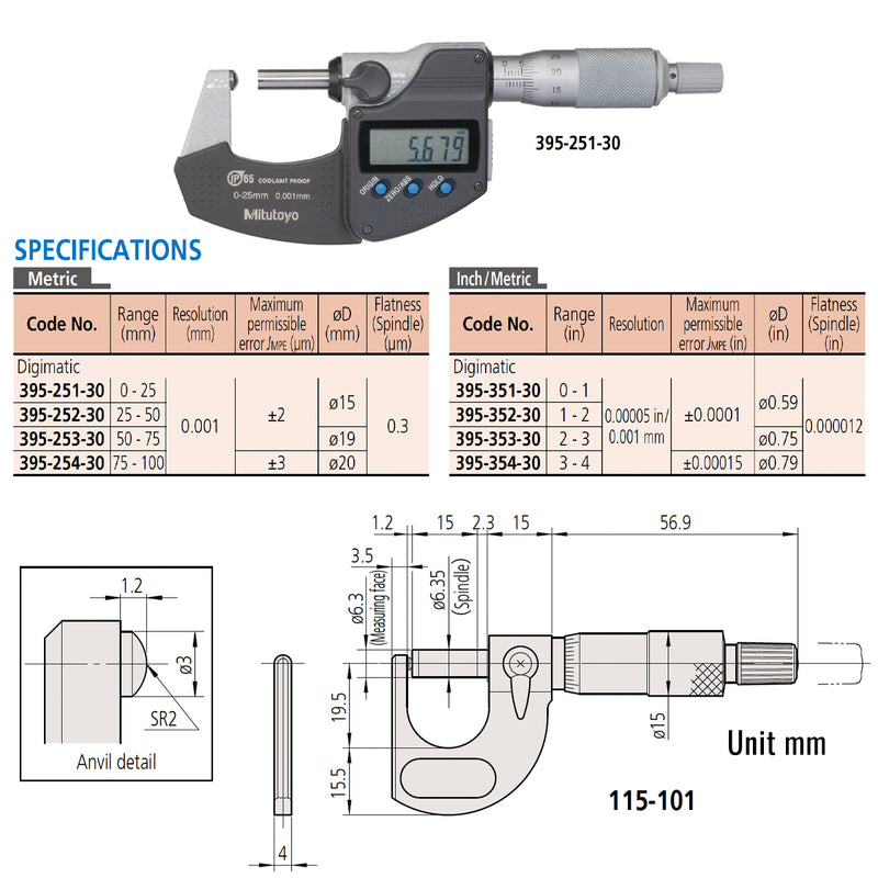 Panme điện tử Mitutoyo Series 395 - Tube Micrometers, Đo độ thành ống và bề mặt cong. Tiếp điểm đo cong-phẳng