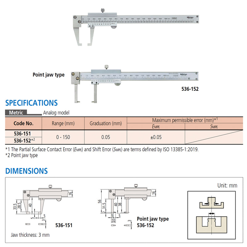 Thước kẹp cơ Mitutoyo Series 536 Neck Caliper, hàm kẹp cổ chai Neck Jaw, mũi vuông