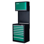 Bộ tủ dụng cụ 7 ngăn kéo SATA 95154: Tủ dưới 7 ngăn kéo, bảng treo đột lỗ, tủ treo tường tích hợp, thép sơn tĩnh điện, thanh trượt mở toàn phần, chốt khóa thông minh.