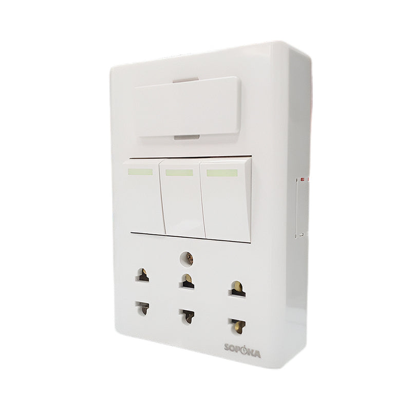 Bảng điện nổi SOPOKA E5A 6 trong 1 với 3 công tắc, 3 ổ cắm, cầu chì thông minh, vỏ nhựa ABS chống cháy.